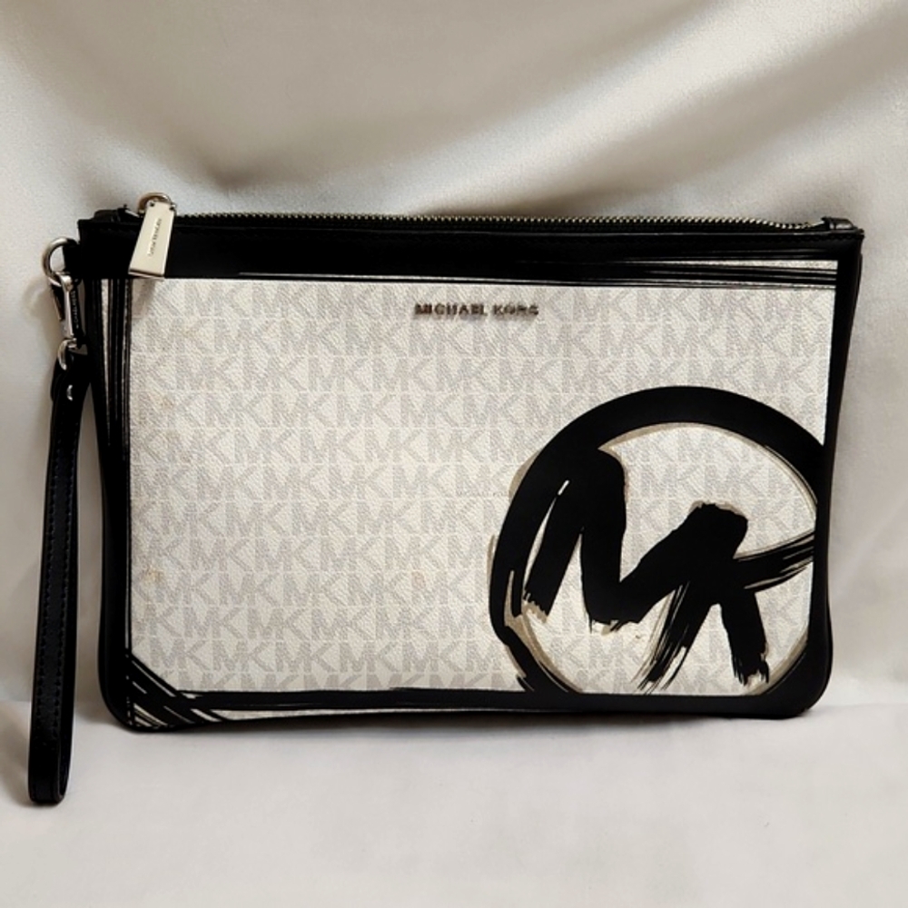MICHAEL Michael Kors Black White Large Brushstroke Logo Zip Pouch Wristlet